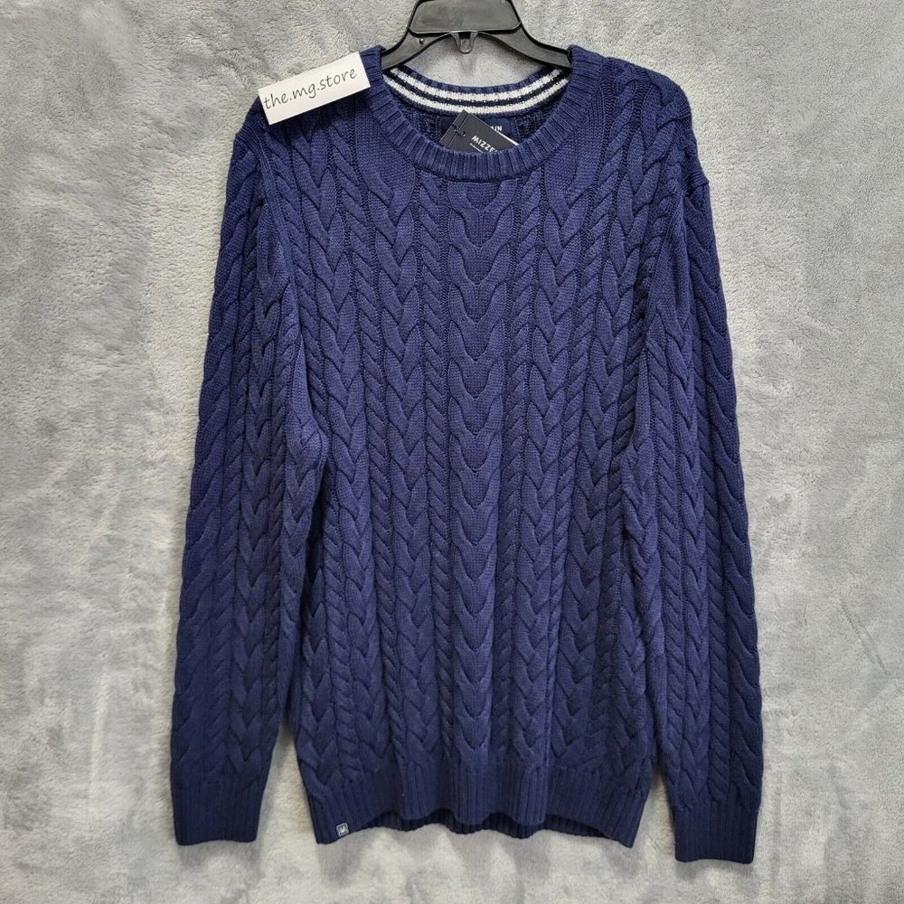 Mizzen + Main Sweater Mens Large Pullover Redford Cable Knit Blue Grandpop NWT